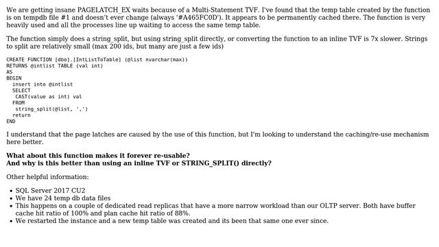 Databases: Multi-statement Table Valued Function causing massive PAGELATCH_EX waits смотреть онлайн
