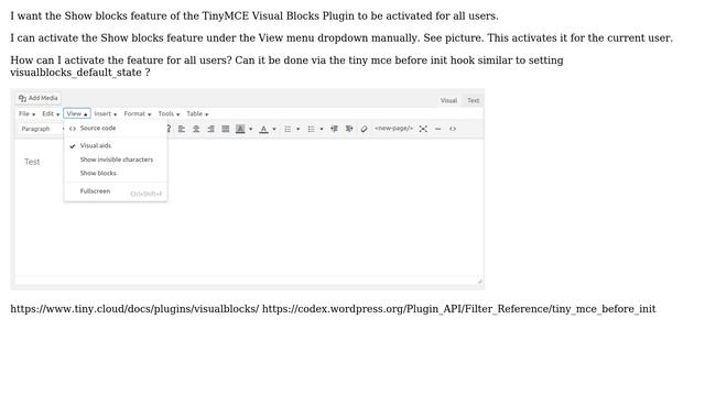 Wordpress: TinyMCE Visual Blocks plugin set Show blocks option for all users смотреть онлайн