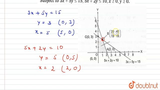 Maximise `Z=5x+3y` Subject to `3x+5yle15, 5x+2yle10,xge0,yge0`. смотреть онлайн