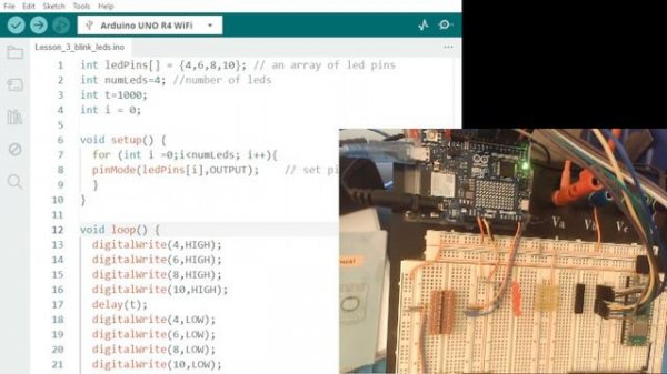 Arduino Uno R4 WiFi Lesson #3, Blinking 4 Led's.