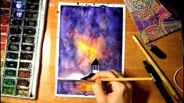 Рисуем пейзаж акварелью.Звездное небо.draw a landscape with water color. Star sky смотреть онлайн