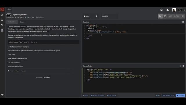 Codewars Ruby Alphabet symmetry Решение смотреть онлайн