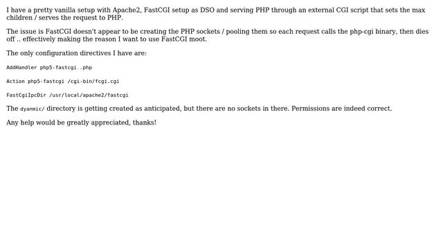 Apache2 + FCGI + PHP5 not creating sockets / pools смотреть онлайн