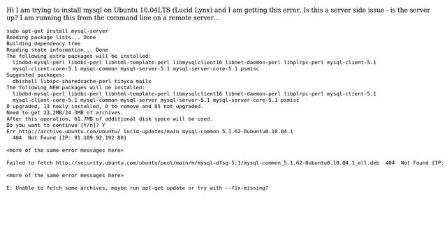 Installing mysql-server on 10.04LTS gives "404 Not Found" error смотреть онлайн