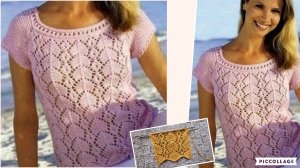 Шикарный ажурный узор для летних кофточек, топов. // Пуловер связан регланом снизу вверх.//