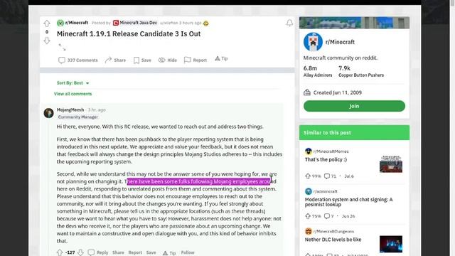 Mojang Community Manager Betrays Minecraft Players On Chat Reporting On Reddit. #saveminecraft