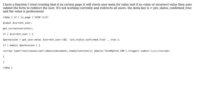 Trying to determine if meta value exists for user and if not auto submit gravity form to redirect смотреть онлайн