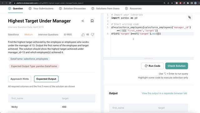 SALESFORCE Interview Question Explained - Python Data Science | "Highest Target Under Manager" | ED смотреть онлайн