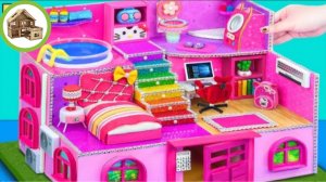 Розовый трехэтажный миниатюрный домик с круглым бассейном для кукол из картона #56