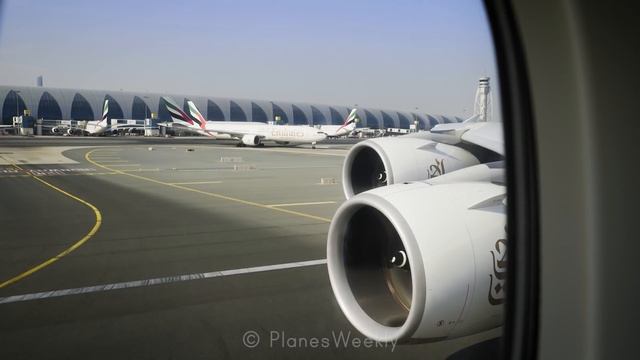 BEST A380 Dubai Take Off? EMIRATES Airbus A380 Departs DXB Dubai Intl Airport, Burj Khalifa View