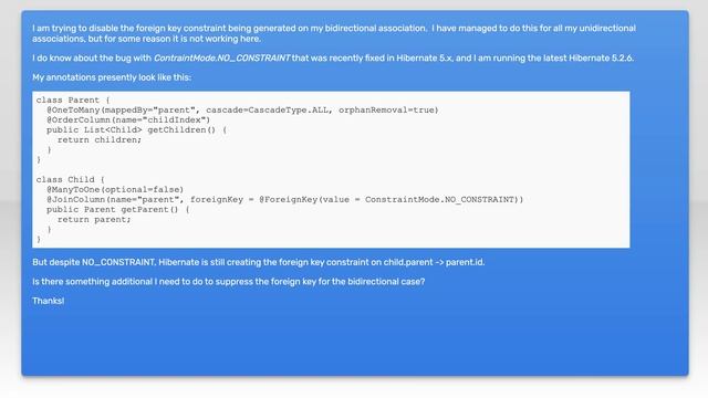How do I disable Hibernate foreign key constraint on a bidirectional association? смотреть онлайн