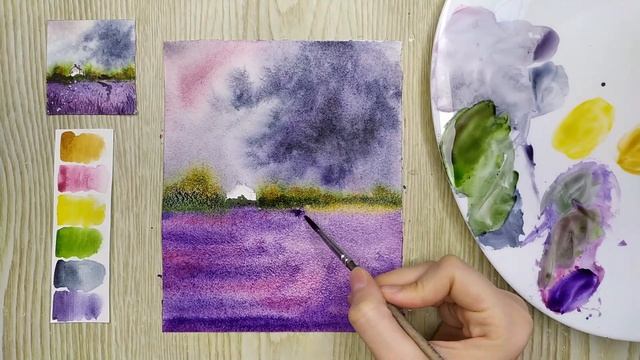 Как нарисовать лавандовое поле акварелью. Акварель для начинающих смотреть онлайн