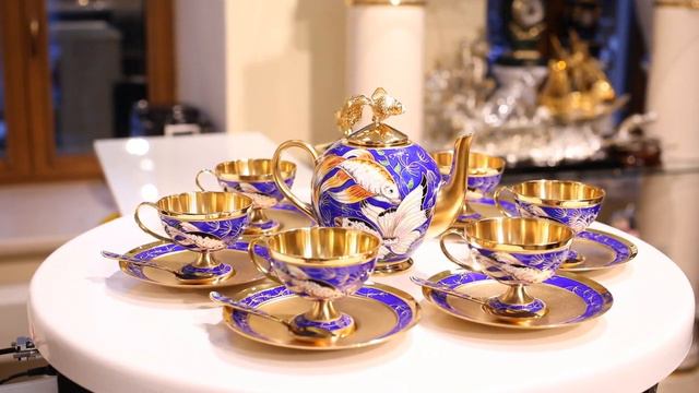 Серебряный чайный сервиз на 6 персон "Рыбки" с эмалью смотреть онлайн