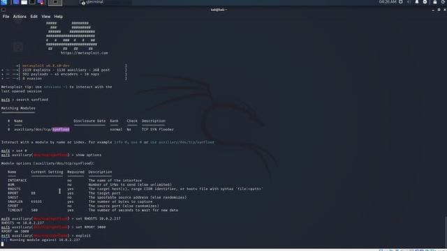 SYN Flood attack DoS using Metasploit in Kali in Oracle VM VirtualBox смотреть онлайн