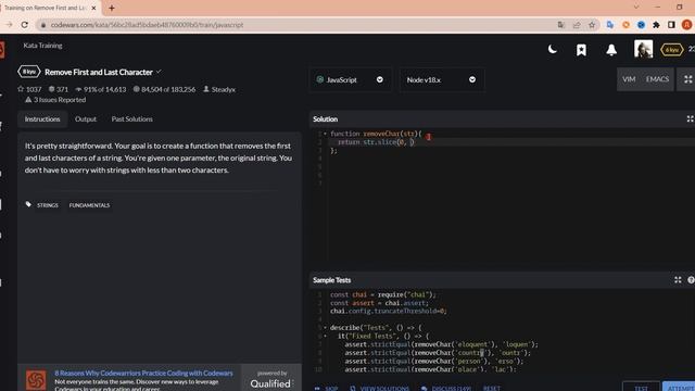 Codewars JavaScript 8kyu / Как решить задачу Remove First and Last Character ? смотреть онлайн