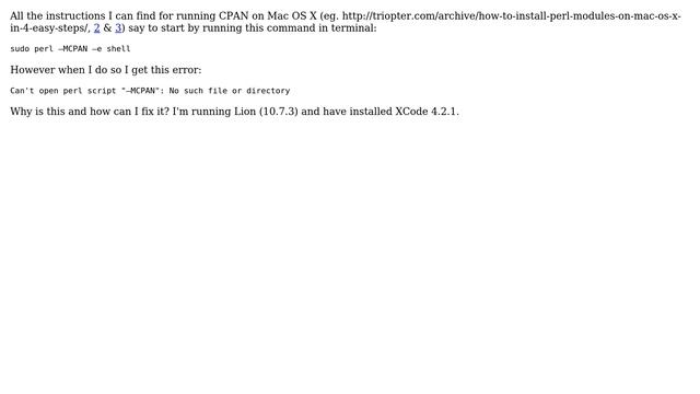 Apple: Running (Perl's) CPAN in OS X: error "Can't open perl script MCPAN" смотреть онлайн
