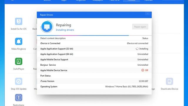 If you failed to connect with 3uTools, try to fix iTunes driver, and try again смотреть онлайн