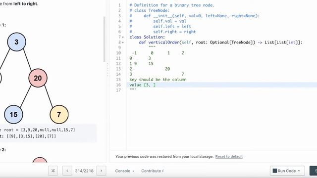 LEETCODE 314 BINARY TREE VERTICAL ORDER TRAVERSAL PYTHON | BFS Facebook interview question смотреть онлайн