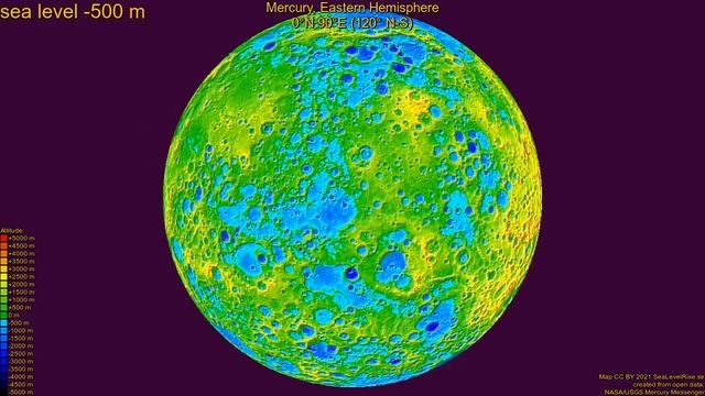 Mercury, Eastern Hemisphere, fictional sea level change 4600 - -5400 m, fast смотреть онлайн