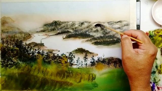 How to paint a Scenic Hills & Lake Landscape in Watercolor // Time Lapse video. смотреть онлайн