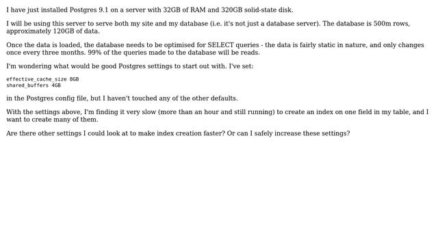 Databases: Recommended Postgres settings to speed up indexing on a 100GB database? смотреть онлайн