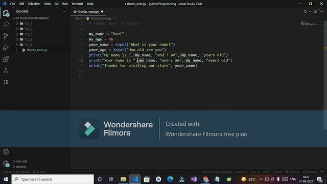 Python Programming, Learning to use input function with a the help of a thanks note program смотреть онлайн