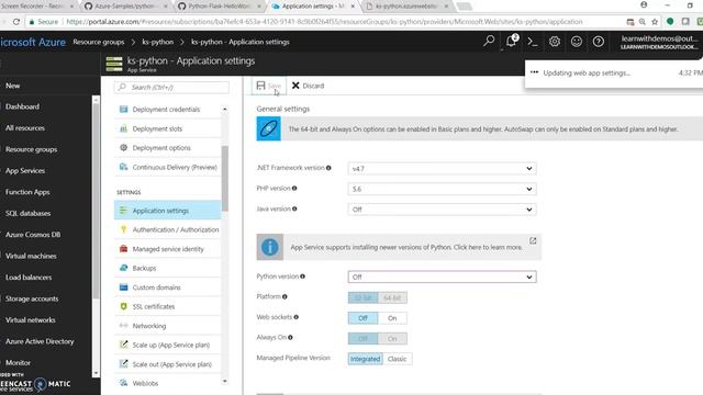 Configuring Azure App Service Web for Python Flask application using Azure Portal and Azure CLI 2.0 смотреть онлайн