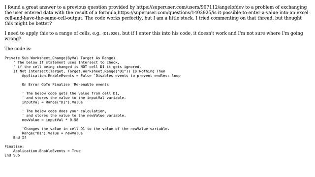 Excel VBA Worksheet change, entering a range instead of one cell смотреть онлайн