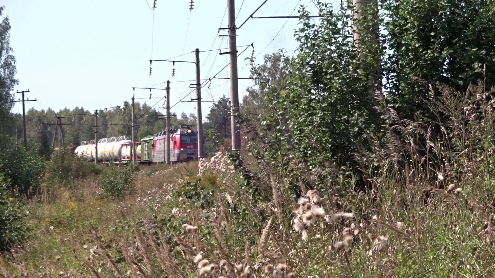 Электровоз 2ЭС5К-504 с грузовым поездом заходит на станцию Зимёнки смотреть онлайн