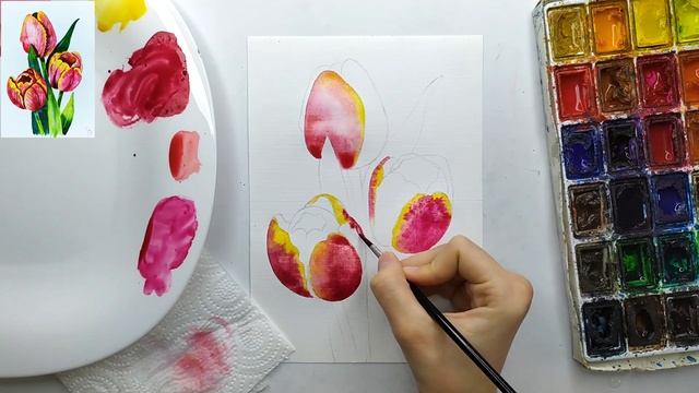 Как нарисовать тюльпаны акварелью. Рисунок на 8 марта. Акварель для начинающих смотреть онлайн