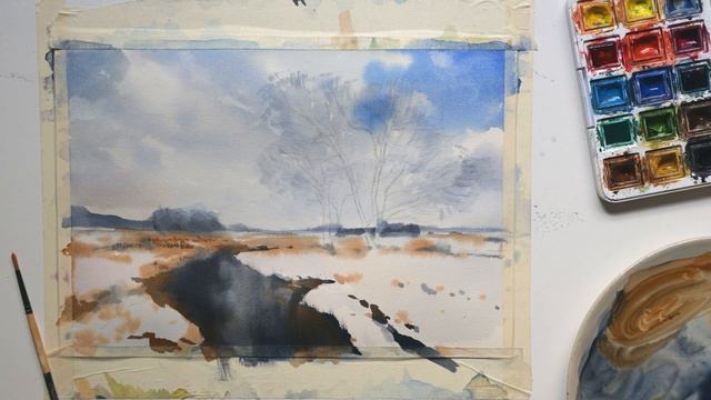 WATERCOLOR Painting TUTORIAL - How to PAINT a Winter LANDSCAPE смотреть онлайн