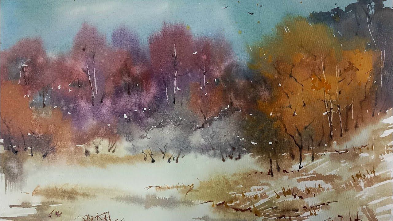 Зима на пороге, быстрый этюд, акварель смотреть онлайн