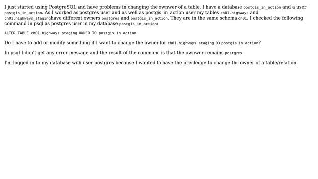 Databases: Change owner of relation in PostgreSQL database смотреть онлайн