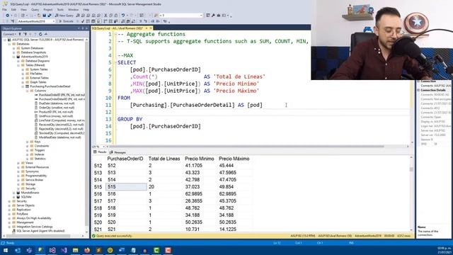 COUNT, SUM, MIN, MAX, AVG en SQL Server - #23 Microsoft SQL Server desde cero смотреть онлайн
