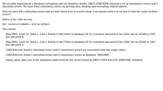 Databases: Msg 8905: DBCC CHECKALLOC Error Messages смотреть онлайн