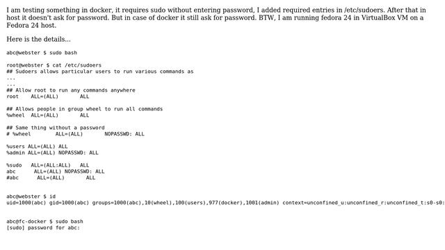 sudo inside docker (on fedora) ask for password, on host it doesn't ask password (2 Solutions!!) смотреть онлайн