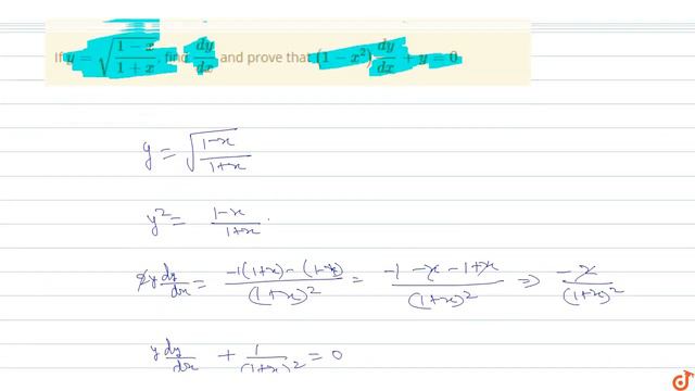 If `y=sqrt((1-x)/(1+x))`, find `(dy)/(dx)` and prove that `(1-x^2)(dy)/(dx)+y=0` смотреть онлайн