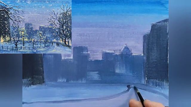 Картина маслом за час. Зимний вечер в городе. смотреть онлайн