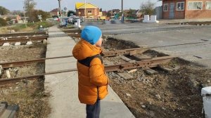 Железнодорожный переезд на котором есть шлагбаум, светофор и барьер.