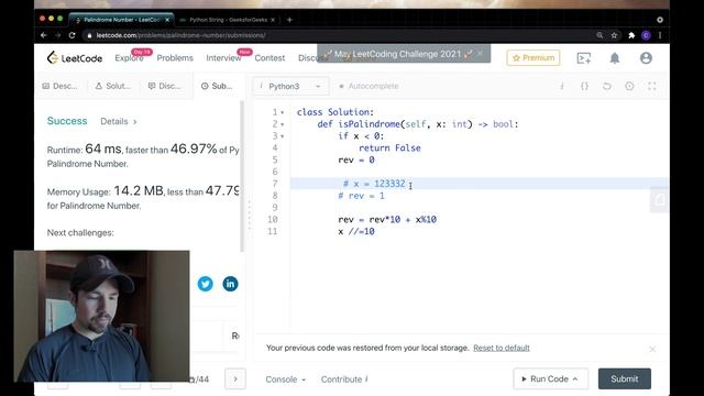 LeetCode Live Problem Solution and Explanation - Palindrome Number [Python] смотреть онлайн