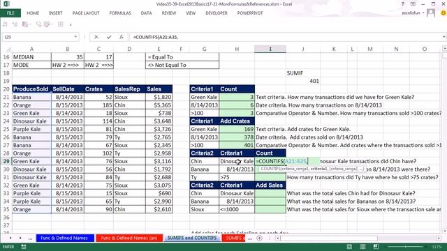 Office 2013 Class #37 Excel Basics 19 SUMIFS, COUNTIFS Add & Count with Criteria Conditions смотреть онлайн