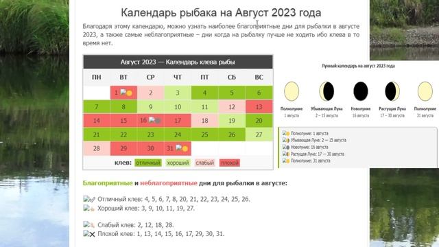 Прогноз клёва рыбы на Август с 15 по 31 08 2023