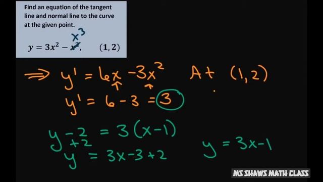 Find equation of tangent and normal line to curve y= 3x^2 - x^3 at (1,2). Differentiation смотреть онлайн