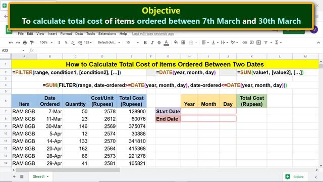 Google Sheets Project | FILTER | DATE | SUM | Calculate Total Cost of Item Ordered Between Two Date смотреть онлайн