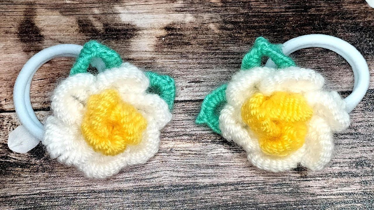 Резинки для волос с цветком из шерстяной пряжи ЦВЕТЫ НА РЕЗИНКЕ БЕЗ КРЮЧКА смотреть онлайн