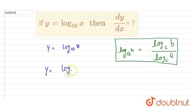 If `y = log_(10) x " then "(dy)/(dx)`= ? смотреть онлайн