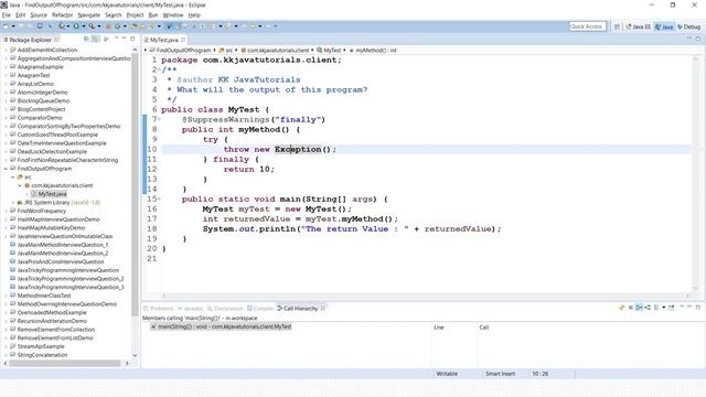 What if in a try block we throw an exception but in the finally block we return a int value ? смотреть онлайн