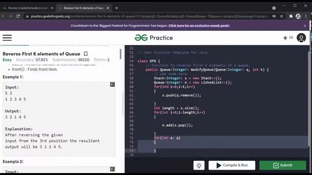 Reverse First K elements of Queue || Data Structure || Geeks for Geeks || Java смотреть онлайн