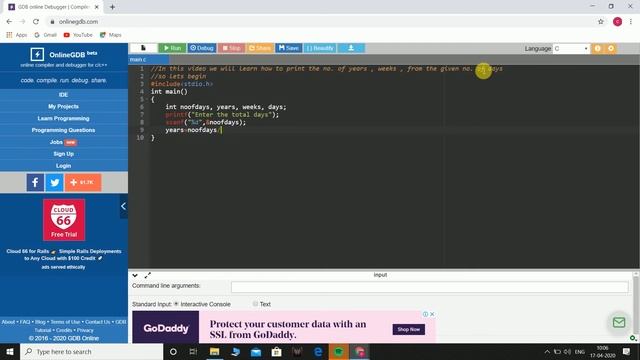 Convert given days into Years, Weeks using C program | Online GDB Compiler смотреть онлайн