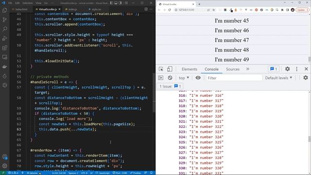 Virtual scroller with vanilla Javascript and HTML (fixed row height), infinite scroll to load more. смотреть онлайн